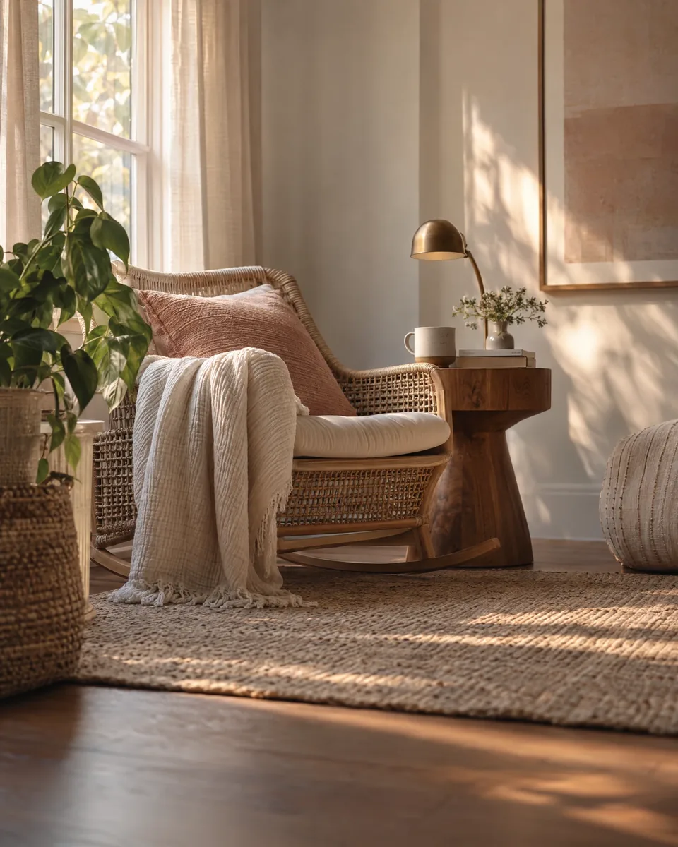 A warm, sunlit corner of a family home with a woven chair and soft textiles