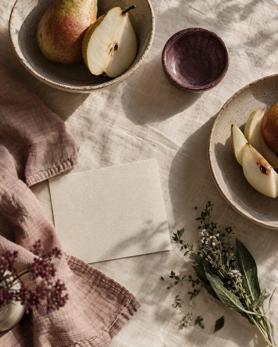 A warm table set with fruit, linen, a blank note card, and fresh herbs